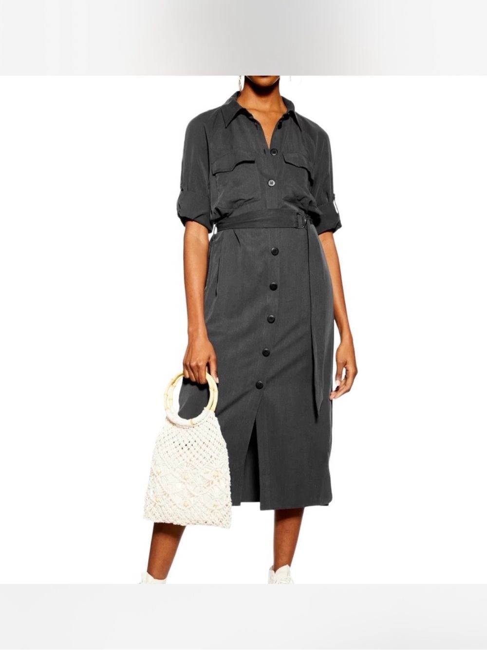 Topshop Utility Charcoal Button-Front Belt Midi Shirt Dress Size 10